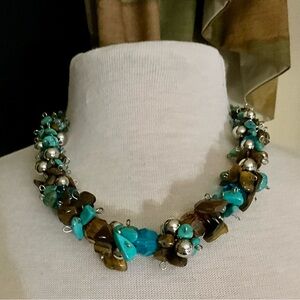 Multi-Color Beaded Adjustable Silver Tone Metal Chain Necklace Chunky Modern